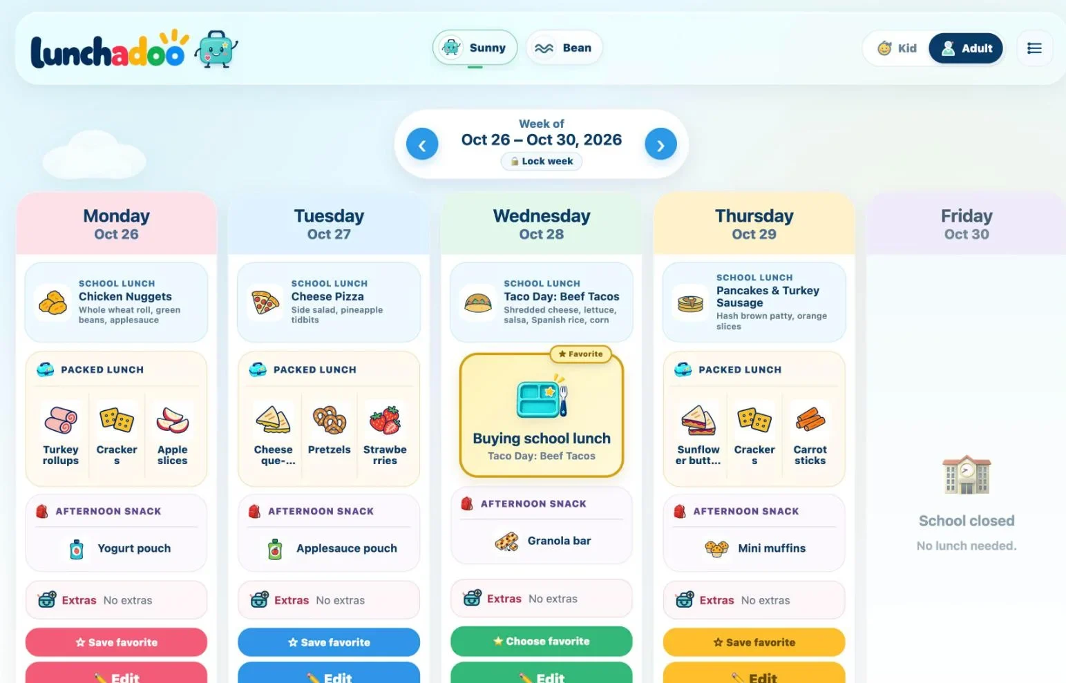 Lunchadoo weekly planner in the Classic theme for a child nicknamed Sunny: school menu and packed lunch each day, buying school lunch on Wednesday taco day, and school closed Friday.