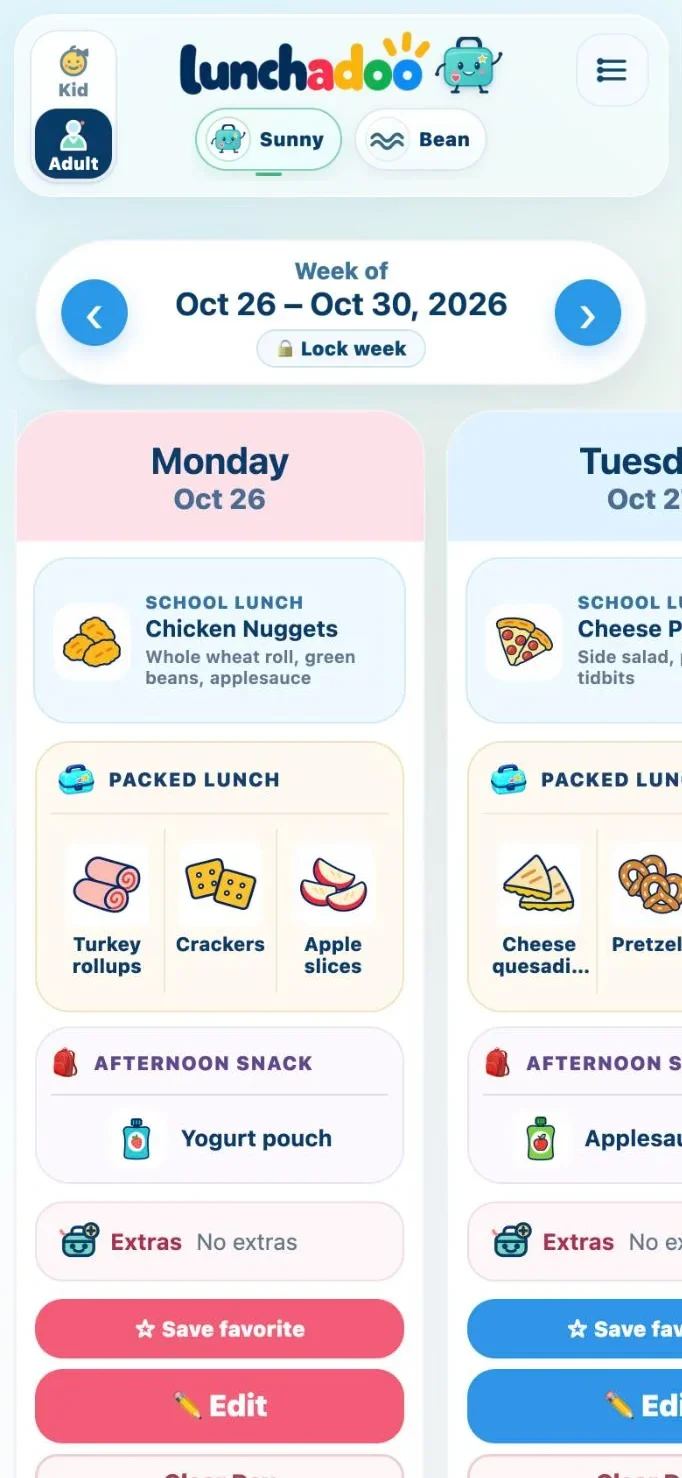 The same week on a phone, opened to Monday: the school menu, a packed lunch of turkey rollups, crackers and apple slices, and an afternoon snack.