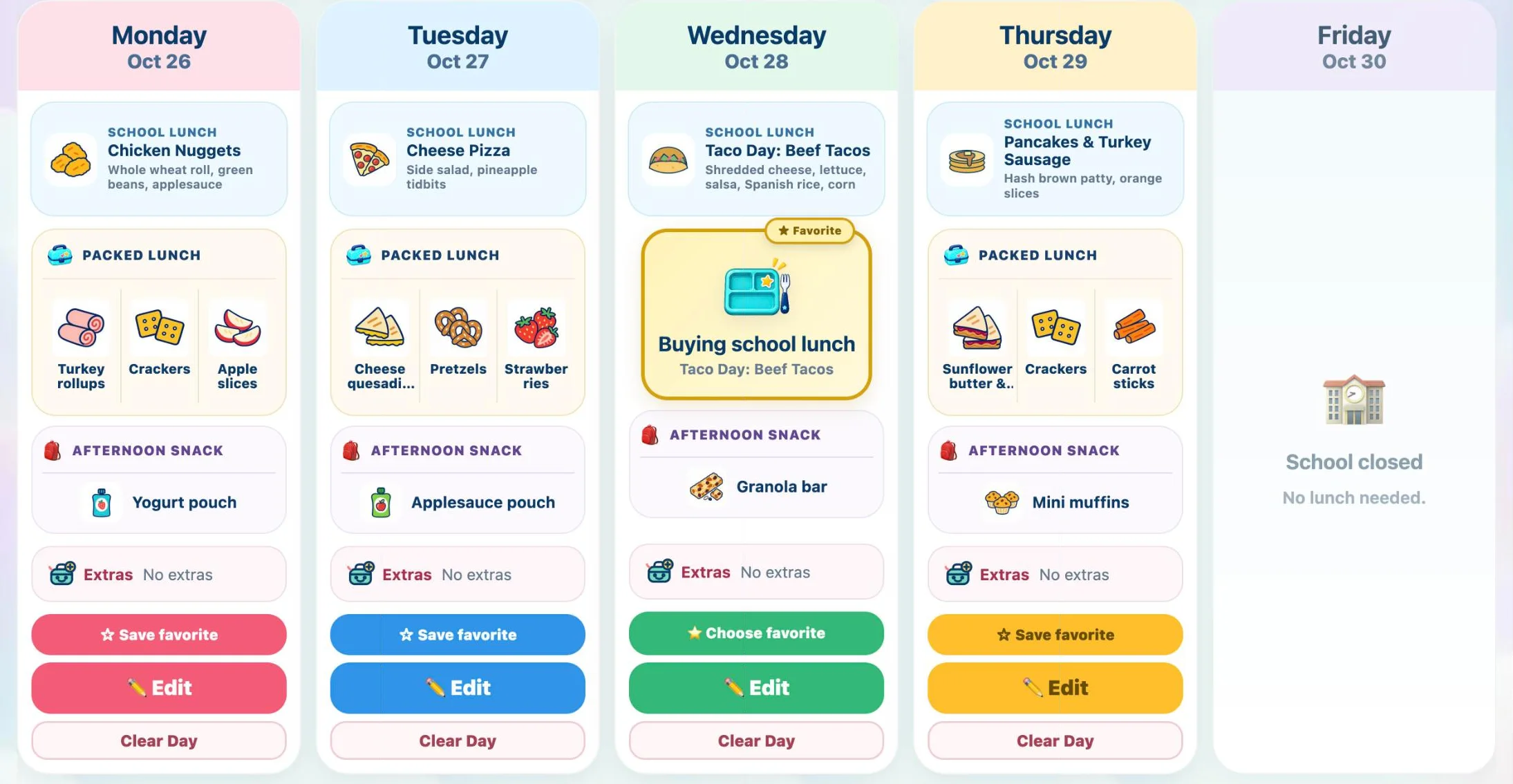 Monday through Friday: packed lunches Monday, Tuesday and Thursday, buying school lunch on Wednesday taco day, school closed Friday