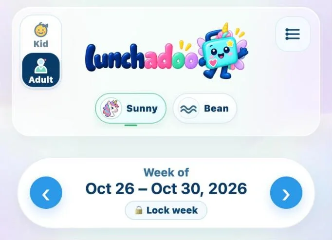 Lunchadoo Plan view on phone for a child nicknamed Sunny, week of Oct 26, fictional family