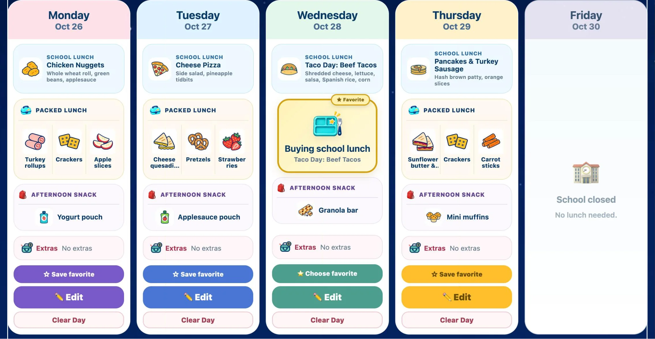 Thursday’s lunch next to Friday, Oct 30, marked School closed, no lunch needed. Swipe back for Monday through Wednesday