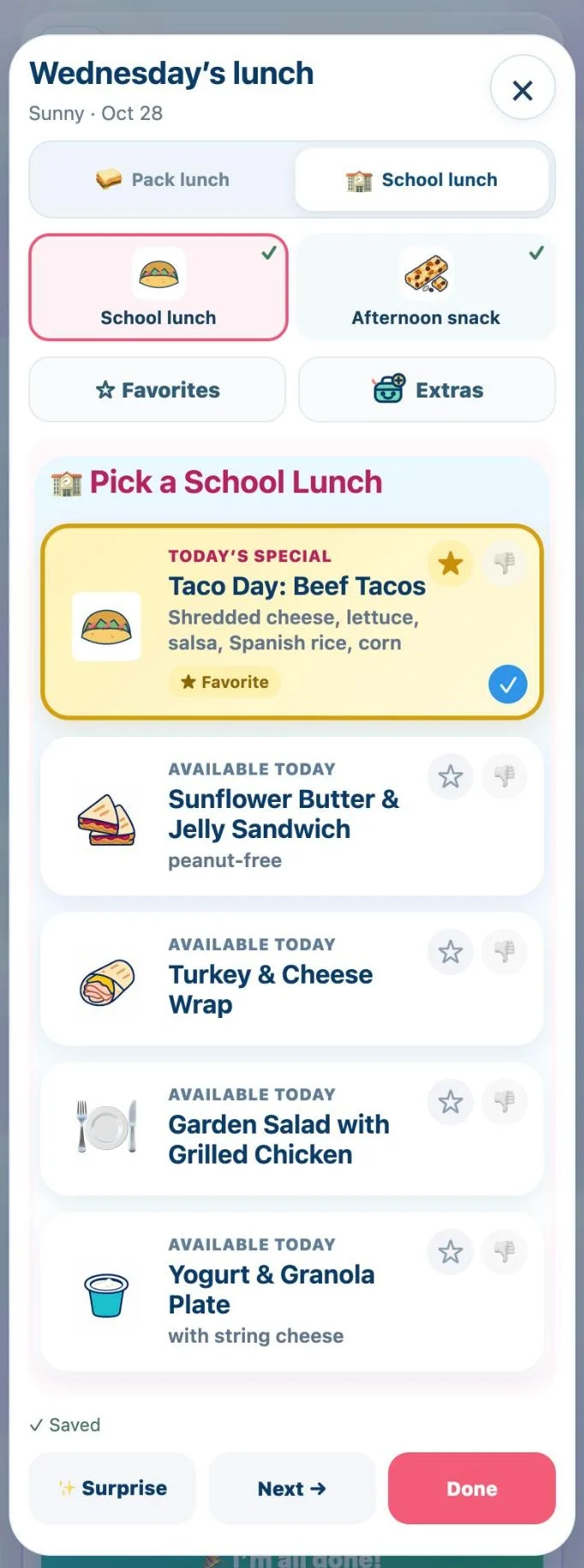 Wednesday’s lunch for Sunny with Pack lunch and School lunch options. Today’s special, Taco Day: Beef Tacos, is marked Favorite and chosen, with four other school lunches available today