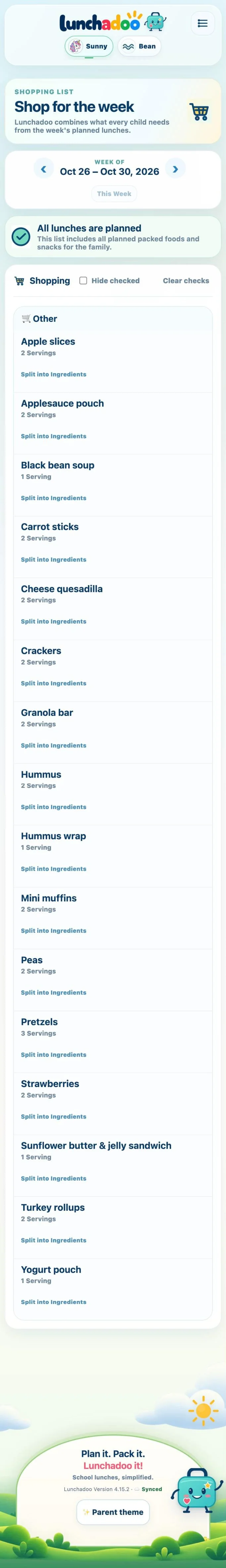 Shopping list for the week of Oct 26 to Oct 30, 2026: all lunches are planned, with each food and its number of servings, such as Pretzels, 3 servings, and a Split into Ingredients option