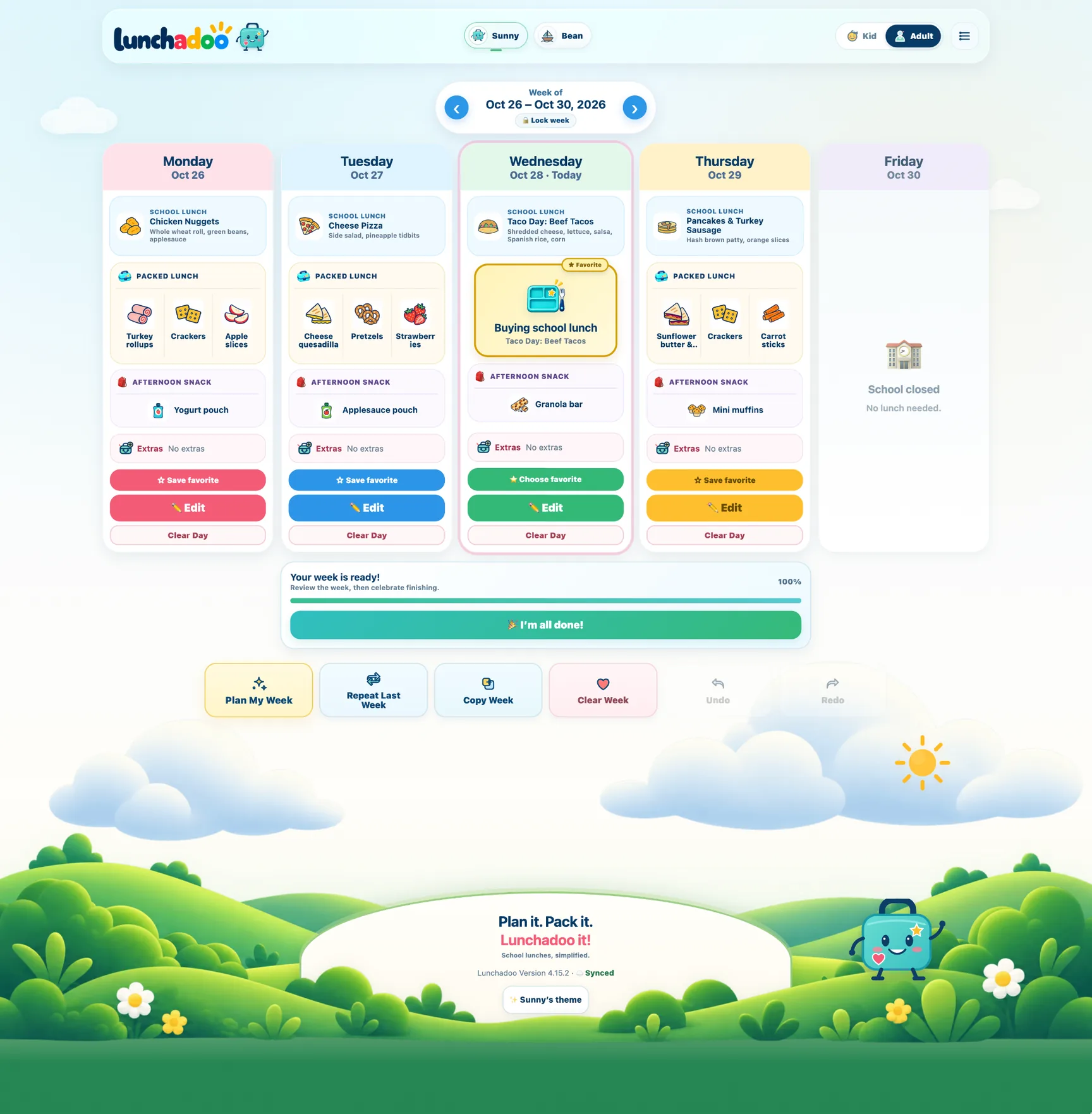 Lunchadoo planner in the Classic theme, fictional family
