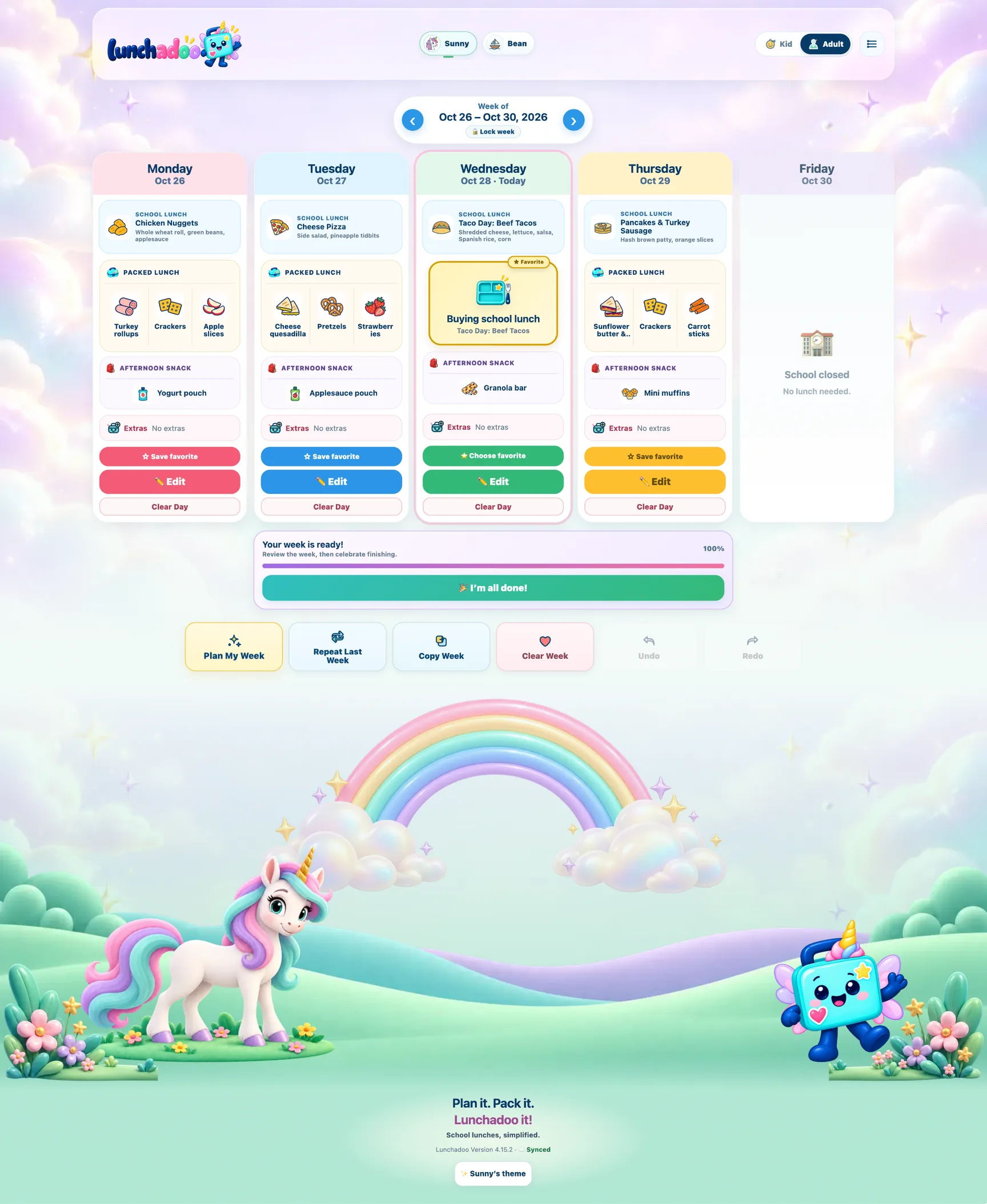 Lunchadoo weekly planner on desktop, fictional family