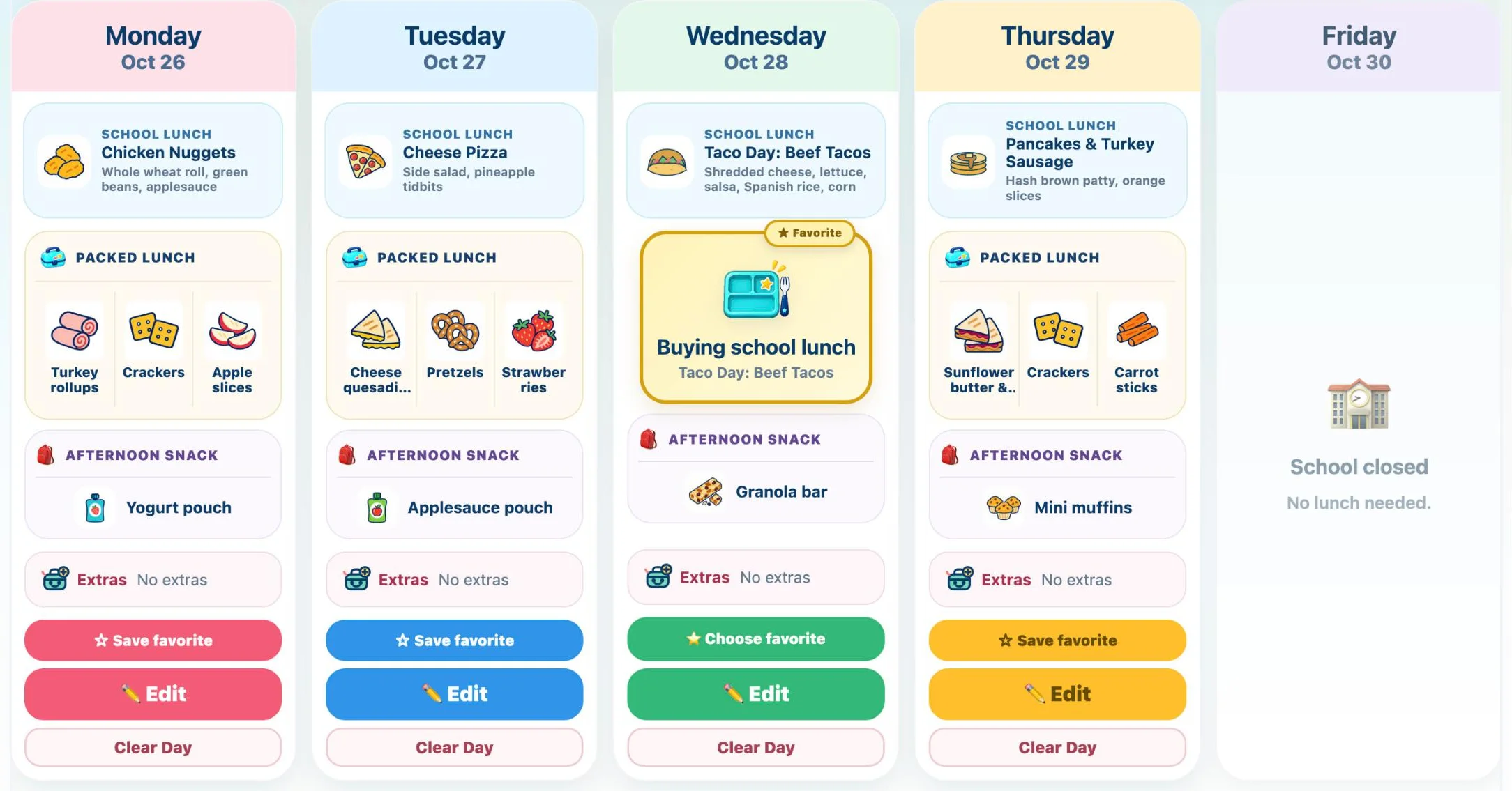 Monday through Friday lunches in the selected theme